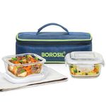 Borosil Klip n Store Lunchbox with Bag | Set of 2 (320ml Each), Square | Borosilicate Glass, Horizontal | Microwave & Dishwasher Safe, Leakproof | Tiffin for Office/School/College | Blue, Transparent