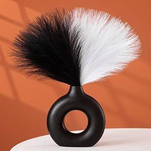 Serwalin Pampas Grass with Vase, Faux Flowers in Vase, 6pcs Pampas Grass + 1pc Ceramic Vase, Black White Table Decor, Artificial Flowers Table Centerpieces Modern Home Decor