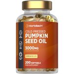 Pumpkin Seed Oil Capsules 3000mg | 100% Cold-Pressed Supplement | 60% Omega 6 Linoleic & 9 Oleic Essential Fatty Acids | 200 Softgels | by Horbaach