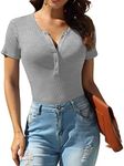 VIISHOW Womens Snap Closure V Neck Ribbed Short Long Sleeves Casual Slim Fit Bodysuit Shirts Tops, Z Gray, Small