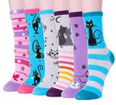 Girls Cotton Socks Soft Cotton Novelty Socks Cute Animal Pattern 6 Pairs(Animal Cat,9-14 Y)