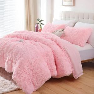 Smoofy Fluffy Queen Comforter Set, Faux Fur Pink Comforter Set Queen Size, Luxury Fuzzy Bedding Set, Soft Shaggy Bed Set Pink for All Season, 3 Pieces - 1 Comforter & 2 Pillowcases