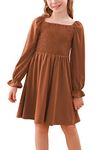 GORLYA Girls Puff Sleeve Square Neck Boho Frilly Smocked Shirred Flared Midi Dress 4-14T(GOR1134,10Y,Brown-LS)