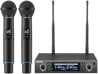 TONOR sistema microfono wireless, microfono ricaricabile professionale, microfono dinamico cordless in metallo 2x100 UHF per karaoke, chiesa, canto, matrimonio, riunione, DJ, Auto Scan, 328ft, TW750