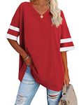 Famulily Oversized Tshirt Women's Tops V Neck Simple Striped Half Sleeve Baseball Tee Shirt Tops Red XXL