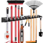 IMILLET Mop and Broom Holder, Wall Mounted Organizer Mop and Broom Storage Tool Rack with 5 Ball Slots and 6 Hooks (Black) (Double Pack)