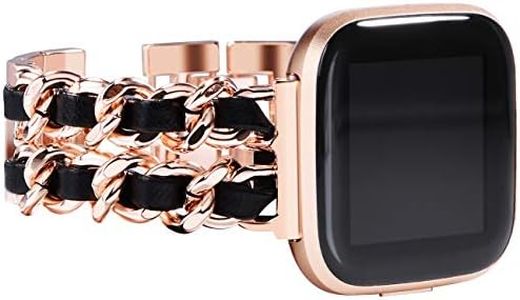 NewWays Compatible for Fitbit Versa 2 Bands For Women, Dressy Bracelet Compatible for Fitbit Versa/Fitbit Versa 2/ Fitbit Versa SE Smart Watch, Rose Gold Link with Black Leather