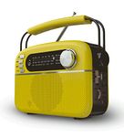 iGear Evoke Retro Modern style Radio and MP3 player with FM/AM/SW, 3 bands, Bluetooth, USB, TF/SD Card, 1200mAh rechargeable battery, Solar charger, Material ABS and Metal, Colour Yellow and black, 1 Year Free replacement warranty.