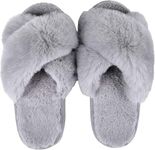 M MCIRCO® Women's Fuzzy Cross Band House Slippers Soft Plush Furry Fur Open Toe Cozy Memory Foam Winter Warm Comfy Slipper Indoor Outdoor Slippers for Women and Girls (GREY, UK Footwear Size System, Adult, Women, Numeric, Medium, 8.5)