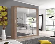 A.C. Milan Modern Double Mirror sliding door wardrobe with LED Light Width 100cm/120cm/150cm/180cm/203cm/250cm (150, Oak/Sonoma)