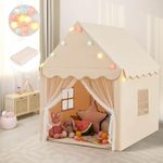 HONEY JOY Kids Play Tent, Large Playhouse with Star Ornaments, Washable Mat, Windows, Indoor Outdoor Princess Tent for Boys & Girls, Children Castle Fairy Tent, Holiday Birthday Gift (Beige)