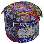 Stylo Culture Cotton Indian Navy Pouffe Footstool Cover Patchwork Embroidered Round Ethnic Floral Ottoman Pouf Cover Foot Stool Furniture 45 cm Traditional Floor Cushion Cover Home Décor (COVER ONLY)