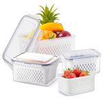 Esyhomi Fresh Food Storage Containers for Fridge, 4 Pack Fridge Storage Container with Drainer Baskets, Stackable Reusable Fridge Organisers, Fresh Vegetable Container for Fruit Salad Vegetables