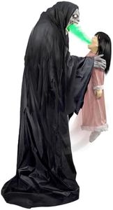 Haunted Hill Farm Soul Sucker Demon Reaper with Child by Tekky, Motion-Activated Talking Halloween Animatronic for Creepy Indoor or Covered Outdoor Halloween Decorations, Plug-in or Battery Operated