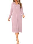 Vlazom Women's Nightgowns V Neck Sleep Shirt Long Sleeve Soft Nightdress Sleepwear Loungewear with Pockets, Rose Pink, XL