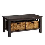 Walker Edison Alayna Mission Style Two Tier Coffee Table with Rattan Storage Baskets, 40 Inch, Espresso