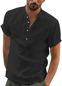 YAOBAOLE Mens Casual Shirt Short Sleeve Cotton Linen Lightweight Henley Shirt Black 2XL