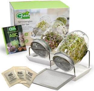Green SEEDS es un Juego de 2 frascos de 1000 ml, para Hacer brotes de Soja, con Tapa de Rejilla de Acero Inoxidable, Soporte, tazón de cerámica + ABC de brotes Gratis [E-Book]