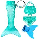 Wfundeals Mermaid Tails for Swimming with Monofin Swimsuit Costume Cosplay, Princess Bikini Set Green