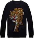 HZCX FASHION Mens Womens Hip Hop Rhinestone Graphic Sweatshirt Crewneck Pullover(Tiger Black,Large)