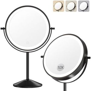 GarveeHome Lighted Makeup Mirror, 1X/10X Magnifying Vanity Mirror with Lights, 3 Color Settings & Adjustable Brightness, 360° Rotating Magnification Mirror for Desk Beauty & Personal Care, Black