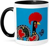 3dRose The Black Portuguese Rooster On A Blue Background With A Heart Two Tone Mug, 11 oz, Multicolor