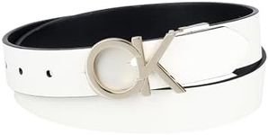 Calvin Klein Women's Two-in-One Reversible CK Monogram Plaque Buckle Dress Belt (Regular and Plus Sizes), White/Black Plaque