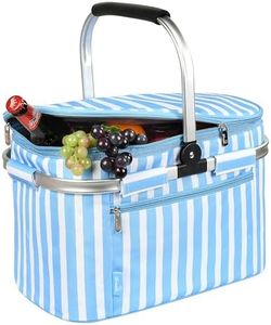 Tirrinia Large Insulated Picnic Basket, 34L Water Resistant & Leakproof Collapsible Portable Cooler Basket Set with Aluminium Handle for Travel, with a Free Foldable Grocery Bag, Blue Strip