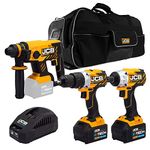 JCB 18V Brushless Cordless Combi Drill, Impact Driver & SDS Rotary Hammer Drill, 2X 5.0Ah Battery, Fast Charger, Variable Speed & LED Light, Belt Clip, 20+3 Position, Power Tool Case, 3 Year Warranty