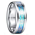 GALANI Blue Opal Ring Silver Claddagh Ring for Women Men 8mm Tungsten Rings Wedding Engagement Rings with Celtic Knot Pattern Size Q
