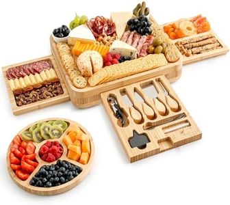 Zulay Kitchen Premium Bamboo Cheese Board Set - Extra Thick Bamboo Charcuterie Board Set with 4 Piece Knife Set - Wooden Cheese Board is Perfect for Charcuterie, Wine and Cheese (Deluxe Set)