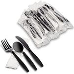 MT Products Heavy Weight Black Plastic Cutlery Set with Napkin Individually Wrapped - (50 Pieces) Disposable Utensils - Plasticware Forks, Spoons, Knives - Great for Parties or Picnic.