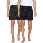 Van Heusen Men Boxer Shorts - 100% Combed Cotton - Pack of 2 - Allover Print, Side Pocket, Side Slits Green, Navy Blue