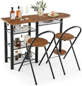 COSTWAY 3 Piece Dining Table Set, Kitchen Table and 2 Folding Chairs with Storage Shelves, Anti-Toppling Device & Large Base, Metal Frame Bar Table Set for Kitchen Dining Room (Brown)