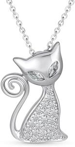 Charming BFF Sitting Curly Tail Kitty Cat Pendant Necklace: Cubic Zirconia Pave CZ Pet Kitten Jewelry for Women and Teens in .925 Sterling Silver for Cat Lovers and Best Friends