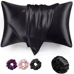 Candibella Silk Bonnet for Hair with 3 Satin Scrunchies, Satin Bonnet for Curly Hair with 2 Pack Satin Pillow Covers, Adjustable Satin Hair Bonnet, Best Gift Combo Pack (Black)