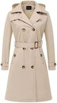 CREATMO US Womens Mid Length Coat Waterproof Long Trench Double Breasted Windbreaker Classic Belted Lapel Overcoat with Removable Hood Khaki S