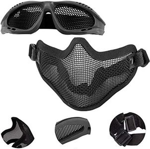 EMAGEREN Airsoft Ensemble Masque et Lunettes Noir Masque Demi Visage Masque Outdoor Protection L'oreille Airsoft Masque Confortable Ajustable pour Chasse COS CS Activité au Dehors Ado Adulte Cadeau