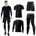 Holure Men's Sports Running Set (Pack of 4) Athletic Shirt+Short/Compression Shirt+Pants Skin Tracksuit Gym Suits Black L