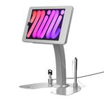 CTA Digital Dual Kiosk Stand – CTA Aluminum Stand with Locking Case - Cable - Access to Ports and 360-Degree Rotating Base for iPad Mini 6 - Silver (PAD-ASKM6)