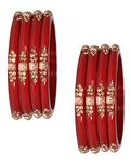 NMII Glass with Zircon Gemstone Or Beads Studded worked Glossy Finished Kada Set For Women and Girls, (Red_2.6 Inches), Pack Of 8 Kada Set