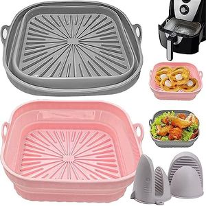 LINZOM 4PCS Air Fryer Silicone Baking Tray, Reusable Air Fryer Liners, 8-Inch Airfryer Silicone Liner Pot with Gloves, Air Fryer Accessories for Kitchen Air Fryer Oven Microwave Baking Roasting, Square, Pink & Gray