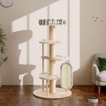 KAMABOKO Modern Cat Tree, 53'' Tall Cat Tower, Cat Tree for Indoor Cats Large Adult, Multi-Level Cat Scratching Post with 3 Imitation Rabbit Plush Padded Perches, Comfortable Pedal, Beige