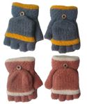 HUNTSMANS ERA 2 Pairs Kids Fingerless Gloves Convertible Flip Top Gloves Winter Warm Knit Half Finger Mitten for Kids Boy Girls 5-10 Years (Dark Grey & Brown)