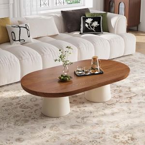 VAFON Oval Modern Coffee Table - Minimalist Wooden Coffee Table with White Stable Legs, 51.2" Center Table for Living Room, Apartment, Office, Walnut