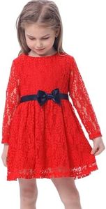 BONNY BILLY Vestido Niña Fiesta Ceremonia Navidad Encaje Invierno Manga Larga con Cinturón 7-8 Años Rojo
