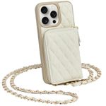 LAMEEKU Compatible with iPhone 14 Pro Wallet Case, Quilted Leather Card Holder with Crossbody Chain, RFID Shockproof, 6.1 Inch - Beige