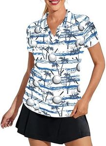 Funny Hawaiian Golf Shirts Women - V Neck Funny Print Polo Shirt for Women Elasticity Slim Fitted Golf Tee White