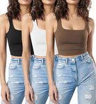 SUNDELL 3 Pack Crop Tank Tops for Women Casual Sleeveless Crop Tops Double Layer Cropped Yoga Workout Tops (Black/White/Dark Brown-S)