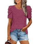 XIEERDUO Tops for Women Puff Sleeve Tunic Crew Neck T Shirts for Women Trendy Spring Summer Clothes for Women 2024 Magenta L